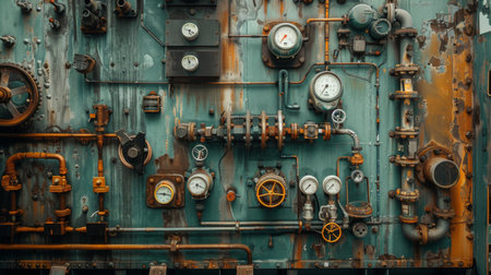 Detailed View of Antique Industrial Equipment on Weathered Wall With Gauges and Pipes Prominently Displayed. Generative AIの素材