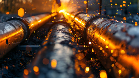 Sparks Fly as Metal Pipes Are Heated During Industrial Processing at Dawn, Illuminating the Worksite With Radiant Light. Generative AIの素材