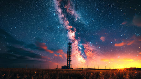 A Breathtaking Starry Night Sky Beautifully Illuminates a Tall Communication Tower Standing Alone in a Serene Field During Sunset. Generative AIの素材