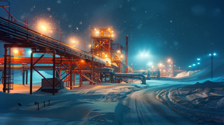 Industrial Facility Illuminated by Artificial Lights During a Snowy Night in a Remote Location. Generative AIの素材