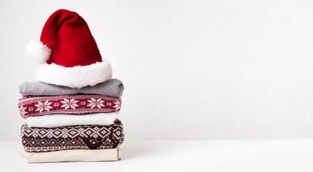 Winter holiday knitted sweaters in Santas hat on whiteの写真素材