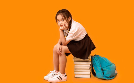 Sad Asian Schoolgirl Sitting On Books Stack Over Yellow Backgroundの写真素材