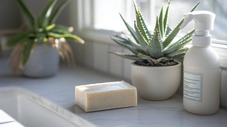Spring cleaning essentials featuring natural products and plants by a sunlit windowの素材