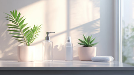Spring cleaning with natural decor and skincare products on a bright countertopの素材
