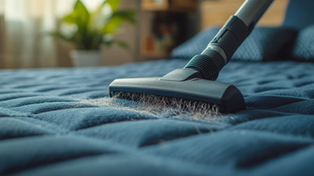 Spring cleaning with AI: vacuuming a blue mattress in a cozy roomの素材