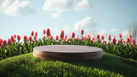 Spring podium surrounded by vibrant tulips and a clear blue skyの素材