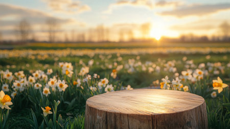 Springtime ai gathering on a wooden podium surrounded by blooming flowers at sunsetの素材