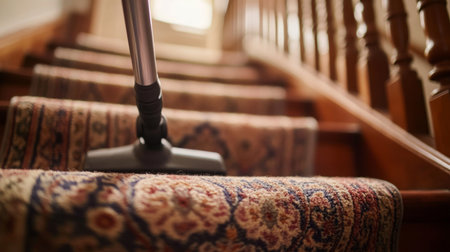Vacuuming carpeted stairs during spring cleaning in a cozy homeの素材