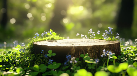 Stump adorned with wildflowers in a vibrant spring forest settingの素材