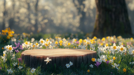Springtime celebration at a nature podium surrounded by vibrant flowersの素材