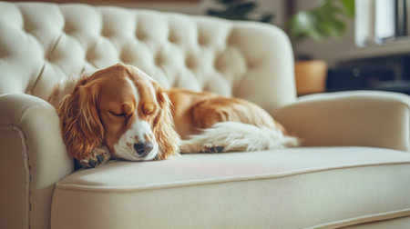 Cozy dog enjoys a peaceful moment during spring cleaning at homeの素材