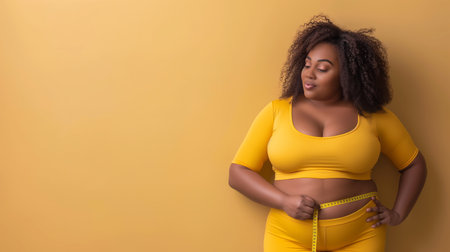A woman stands confidently, measuring her waist with a tape measure, celebrating body positivityの素材