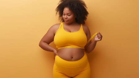 A woman examines her waist with a measuring tape while dressed in cheerful yellow activewearの素材