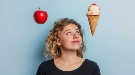 A girl looks up thoughtfully at an apple and an ice cream cone, weighing her optionsの素材