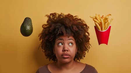 A woman with curly hair contemplates food options, staring at an avocado and fries above herの素材
