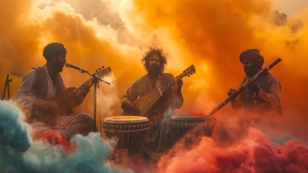 Three musicians play as vibrant powders fill the air during Holi celebrationsの素材