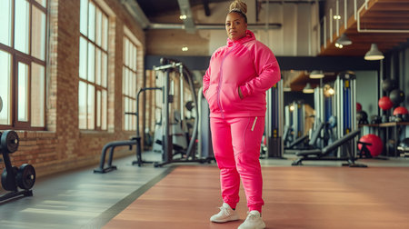 A person stands confidently in a gym, dressed in bright athletic wear, ready for a workoutの素材