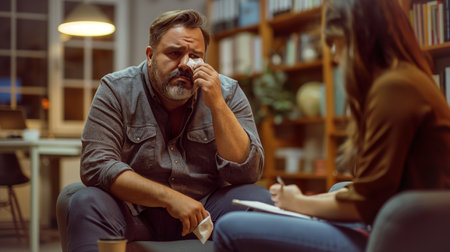 Psychologist listens attentively as the male client expresses his emotions during a sessionの素材