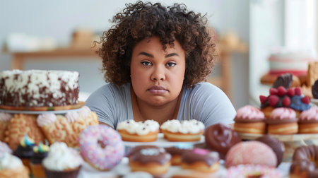 A woman looks pensive and overwhelmed by the array of desserts around her at a cafeの素材