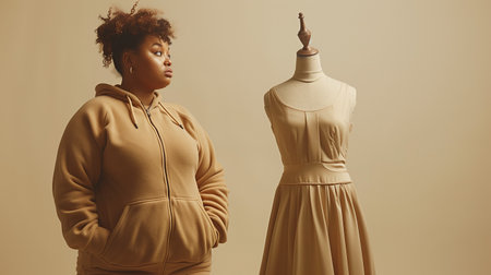 A plus-size woman ponders fashion beside a dress form in a classic beige dressの素材