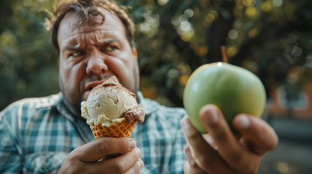 A man looks frustrated while deciding between ice cream and an apple outdoorsの素材