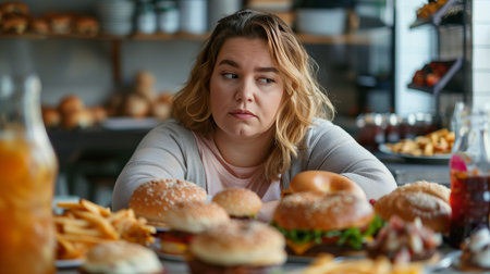 Person looks pensive while surrounded by an array of tempting fast food items at a restaurantの素材
