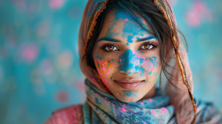 A joyful woman celebrates Holi, adorned with colorful powders and a traditional scarfの素材