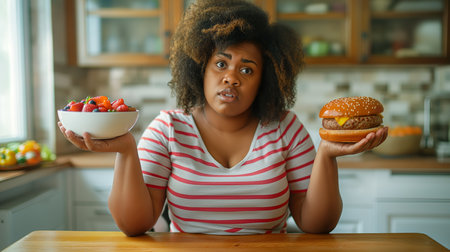 A woman in a striped shirt is torn between a bowl of fruit and a burger in a home kitchenの素材