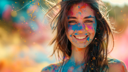 People gather outdoors for Holi, joyfully applying colorful powders and celebrating togetherの素材