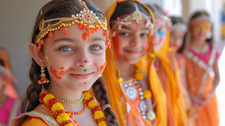 Children partake in the vibrant Holi festival, celebrating with colors and joyful expressionsの素材