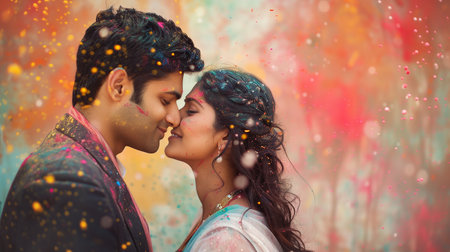 A couple shares a joyful moment during Holi, surrounded by colorful powders and festive spiritの素材