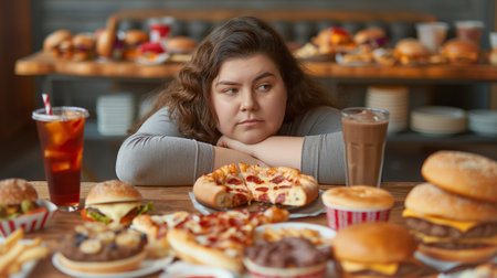 A woman stares thoughtfully at a table full of various foods and drinks, making decisionsの素材