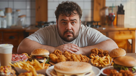 A man looks at various fast food options, considering his choices in a cozy kitchenの素材