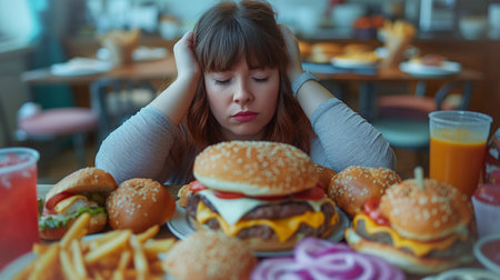A woman appears overwhelmed by an excessive spread of fast food in a casual dining settingの素材
