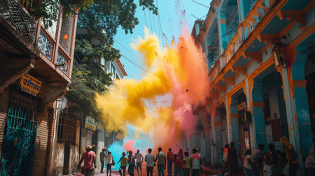 Participants revel in Holi festivities as colorful powders explode in the air, creating joyの素材