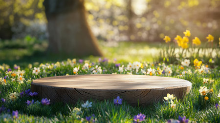Springtime podium surrounded by colorful flowers in a serene outdoor settingの素材