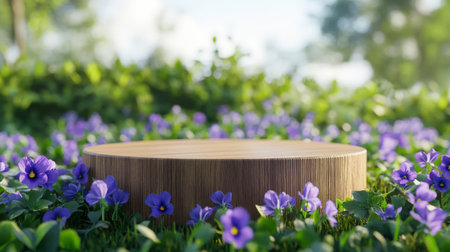 Spring podium surrounded by vibrant purple flowers under a clear blue skyの素材