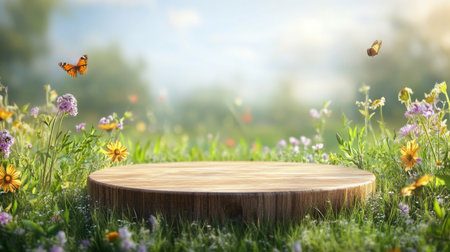 Spring podium in lush field with flowers and butterflies enhancing the vibrant atmosphereの素材
