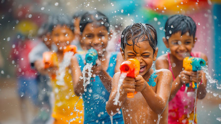 Children are splashing colors and water enthusiastically during the Holi festival celebrationの素材