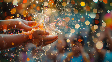 Participants celebrate Holi by splashing colorful water, creating a festive atmosphereの素材