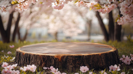 Spring podium surrounded by cherry blossoms creates serene atmosphere for AI presentationsの素材