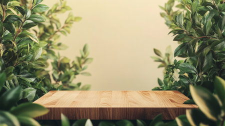 Spring podium surrounded by lush greenery for AI presentations and displaysの素材