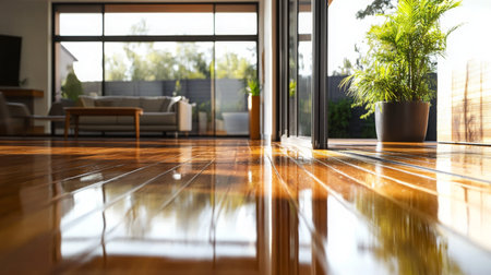 Spring cleaning brightens sunlit living room with gleaming wooden floors and fresh plantsの素材