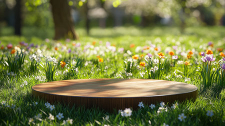 Spring podium surrounded by vibrant flowers showcases celebration of nature and creativityの素材