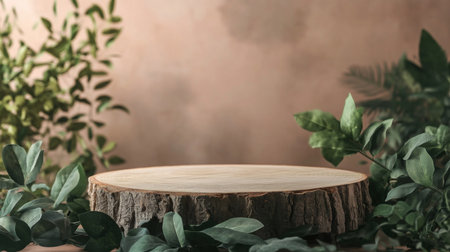 Spring-themed podium surrounded by lush greenery for display or presentation purposesの素材