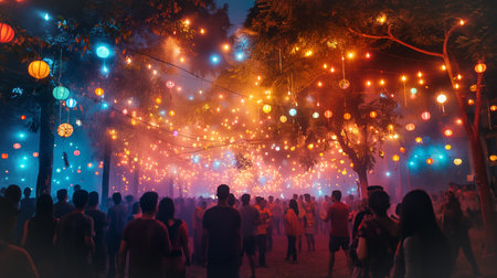People gather in a lively atmosphere, celebrating Holi with colors and decorations in the night skyの素材
