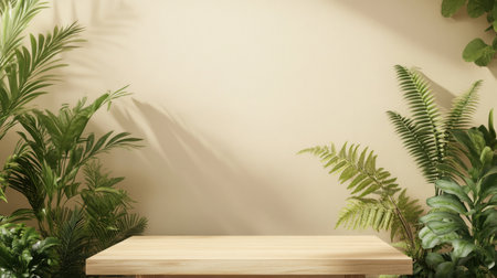 Spring ai design showcase with podium surrounded by lush greenery in a bright settingの素材