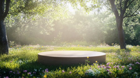 Springtime gathering at a serene podium surrounded by blooming flowers in a lush parkの素材