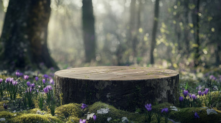 Springtime podium in forest surrounded by blooming flowers and soft sunlightの素材