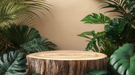 Podium made of wood surrounded by lush tropical plants during a bright spring dayの素材